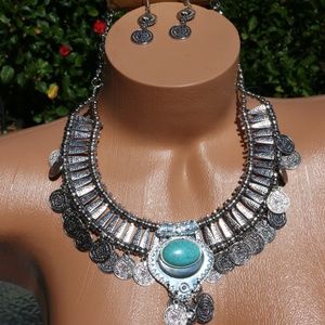Bohemian Ethnic Egyptian Revival Tribal Necklace Earrings Set Turquoise